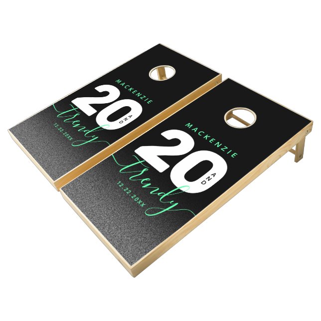 Modern Girly Mint Green 20 and Trendy Cornhole Set (Angled)