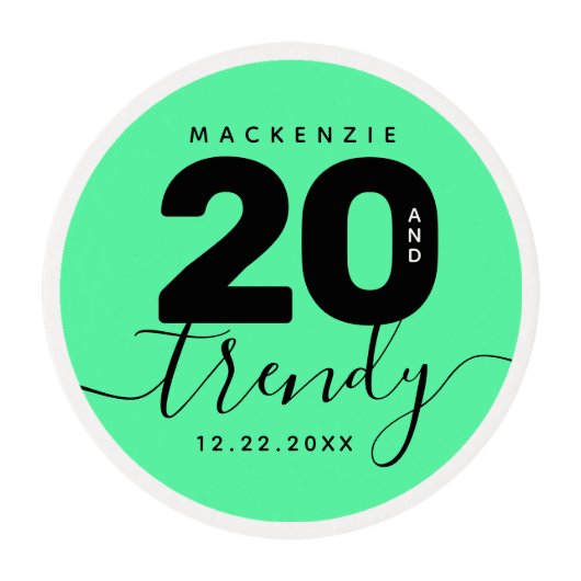 Modern Girly Mint Green 20 and Trendy Edible Frosting Rounds (Front)