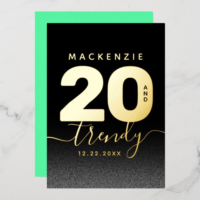 Modern Girly Mint Green 20 and Trendy Foil Invitation (Front/Back)