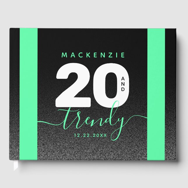 Modern Girly Mint Green 20 and Trendy Guest Book (Front)