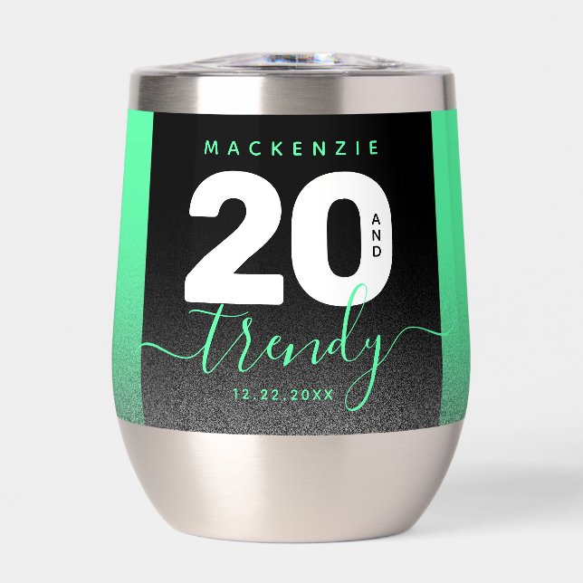 Modern Girly Mint Green 20 and Trendy Thermal Wine Tumbler (Front)