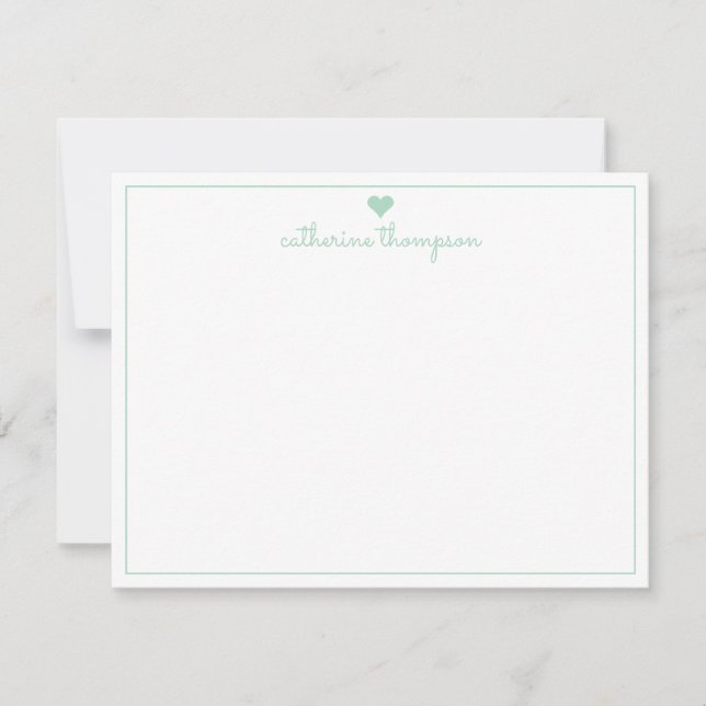 Modern Girly Mint Green Heart Feminine Chic Script Note Card (Front)