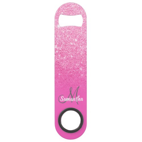 Modern girly monogram bright pink glitter ombre bar key
