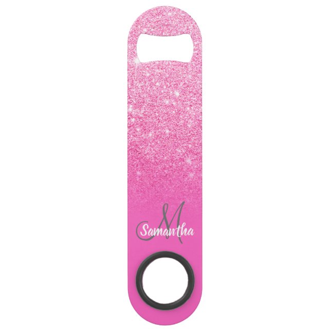 Modern girly monogram bright pink glitter ombre bar key (Front)