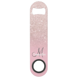 Modern girly monogram candy pink glitter ombre bar key