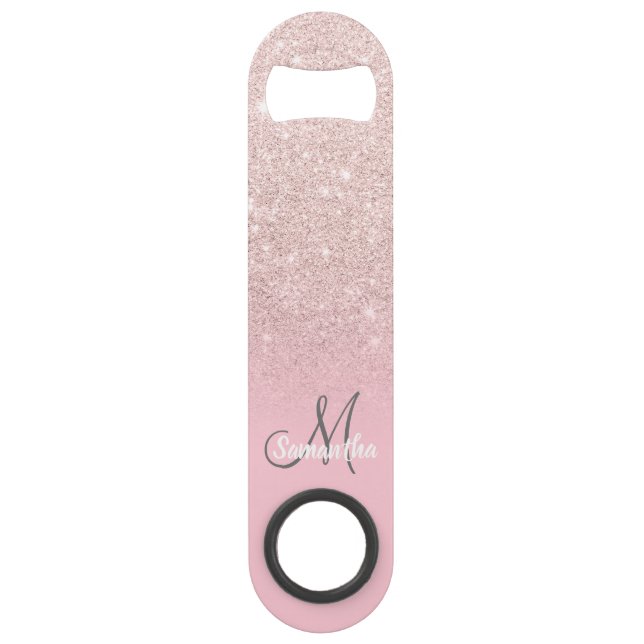 Modern girly monogram candy pink glitter ombre bar key (Front)