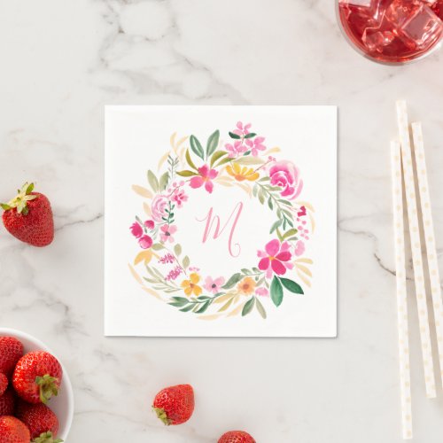 Modern girly monogram floral watercolor wreath napkins