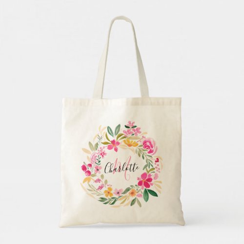 Modern girly monogram floral watercolor wreath tote bag