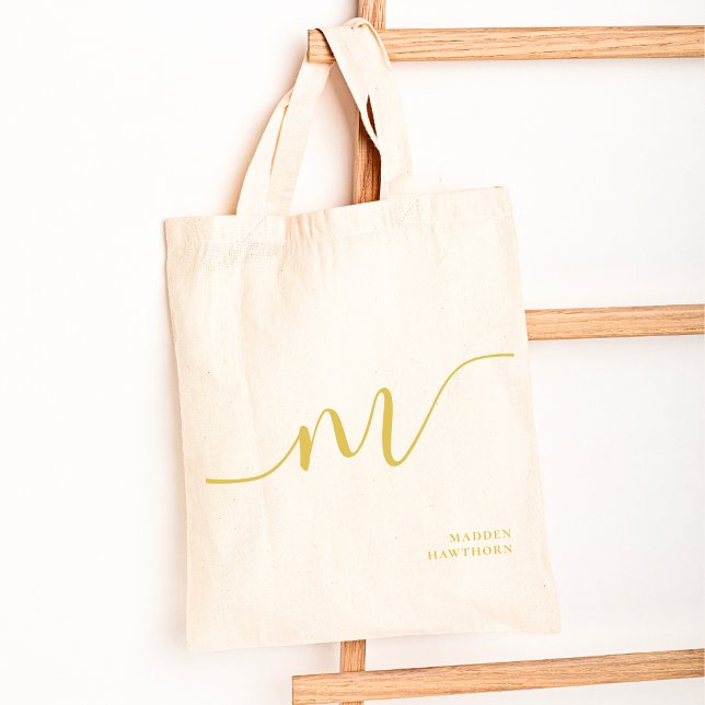 Modern Girly Monogram Script Calligraphy Gold Name Tote Bag (Creator Uploaded)