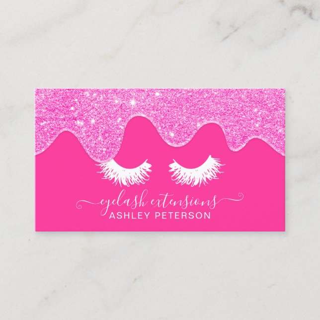 Modern girly neon pink glitter drips eyelashes business card (Front)