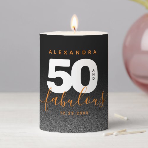 Modern Girly Orange 50 and Fabulous Pillar Candle