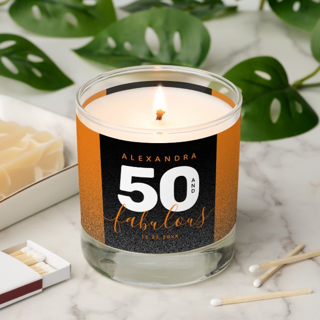 Modern Girly Orange Glitter 50 and Fabulous Scented Candle (Lit)