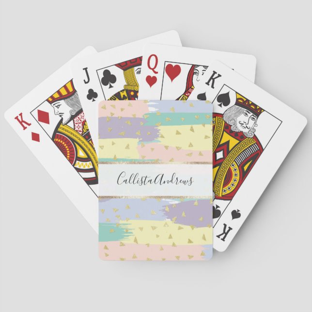 Modern Girly Pastel Brushstrokes Gold Geo Poker Cards (Back)