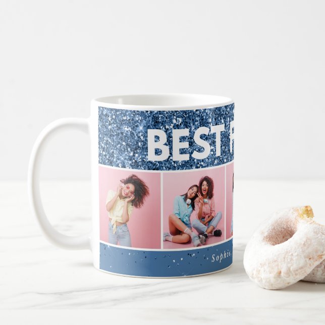 Modern girly photo script blue glitter bestfriends coffee mug (With Donut)