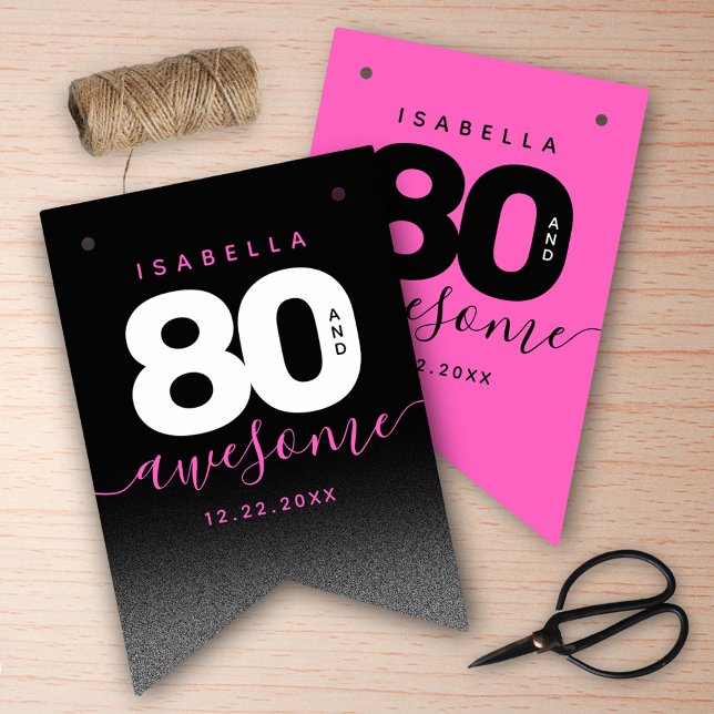 Modern Girly Pink 80 and Awesome Bunting Flags (Girly Pink 80 and Awesome Her 80th Birthday Bunting Flags Cover Photo.)