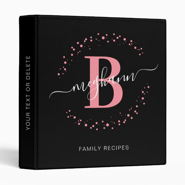 Modern Girly Pink Black Name Monogram Recipe 3 Ring Binder (Front/Spine)
