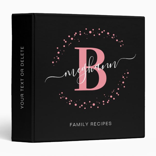 Modern Girly Pink Black Name Monogram Recipe 3 Ring Binder (Front/Spine)