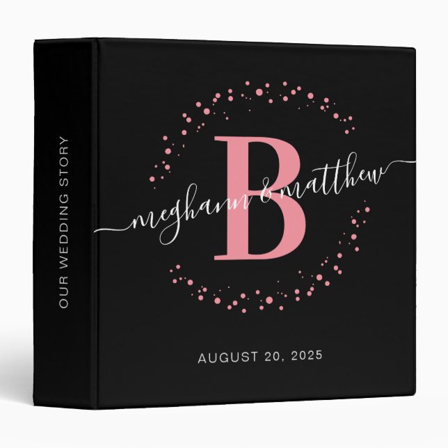 Modern Girly Pink Black Name Monogram Wedding 3 Ring Binder (Front/Spine)