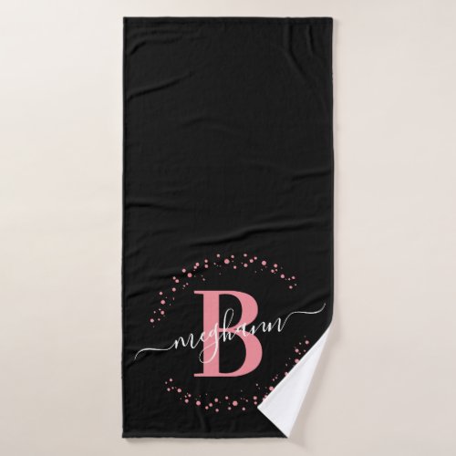 Modern Girly Pink Black Name Script Monogrammed  Bath Towel