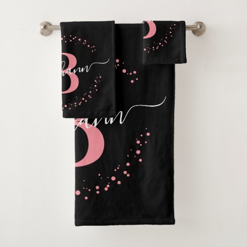 Modern Girly Pink Black Name Script Monogrammed  Bath Towel Set