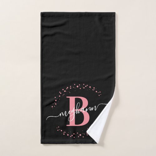 Modern Girly Pink Black Name Script Monogrammed Hand Towel