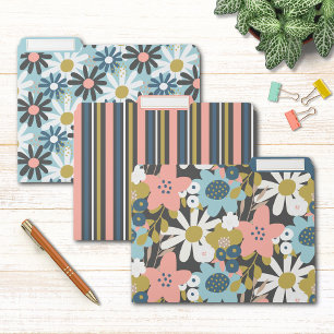 Modern Girly Pink Blue Botanical Floral Stripes File Folder