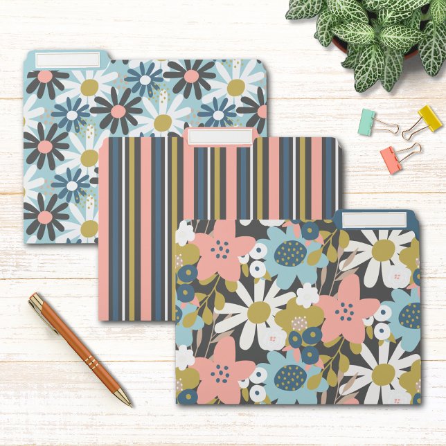 Modern Girly Pink Blue Botanical Floral Stripes File Folder (Creator Uploaded)