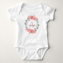 Modern Girly Pink Blush Floral Wreath Monogram Baby Bodysuit Modern Girly Pink Blush Floral Wreath Monogram Baby Bodysuit