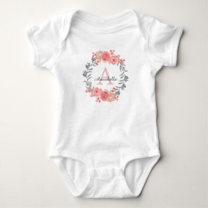 Modern Girly Pink Blush Floral Wreath Monogram Baby Bodysuit