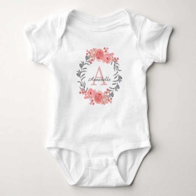 Modern Girly Pink Blush Floral Wreath Monogram Baby Bodysuit (Front)