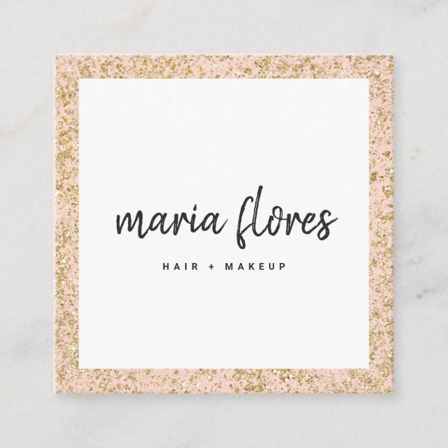 Modern girly pink chic gold glitter sparkles photo square business card (Front)