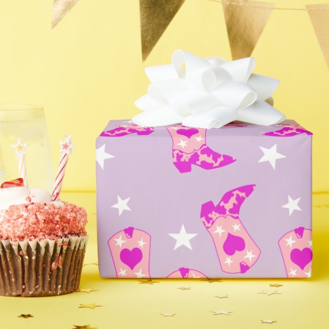 Modern Girly Pink Cowgirl Western Boots Lilac Wrapping Paper (Birthday Party)
