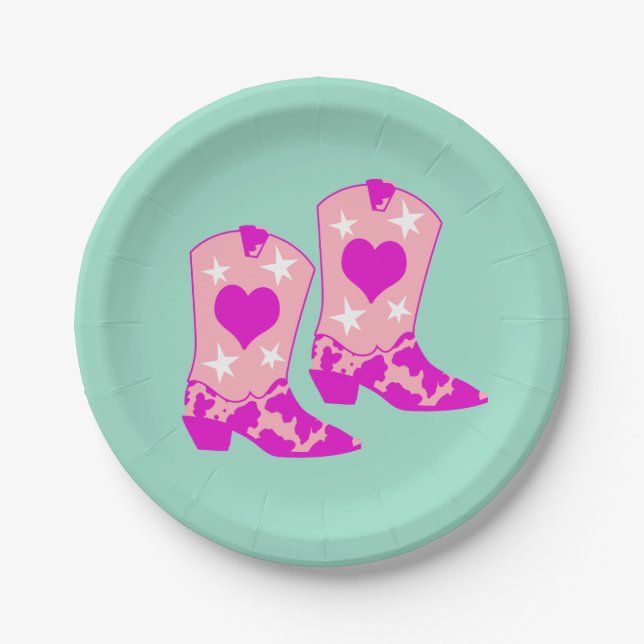 Modern Girly Pink Cowgirl Western Boots Mint  Paper Plates (Front)