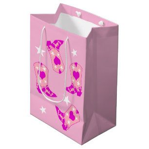 Modern Girly Pink Cowgirl Western Boots Stars  Medium Gift Bag
