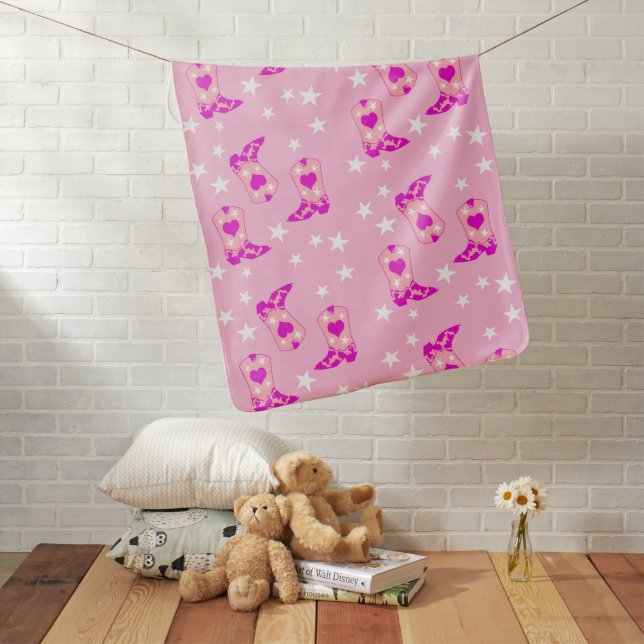 Modern Girly Pink Cowgirl Western Boots Stars Pink Baby Blanket (In Situ)
