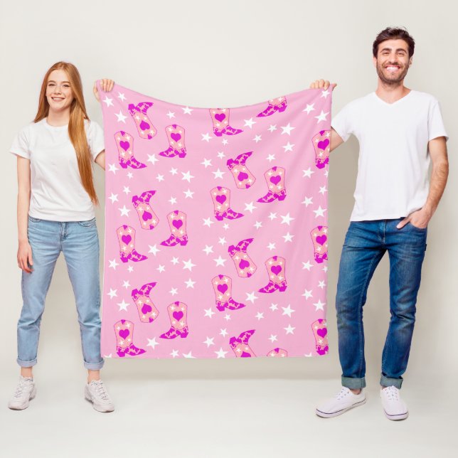 Modern Girly Pink Cowgirl Western Boots Stars Pink Fleece Blanket (In Situ)