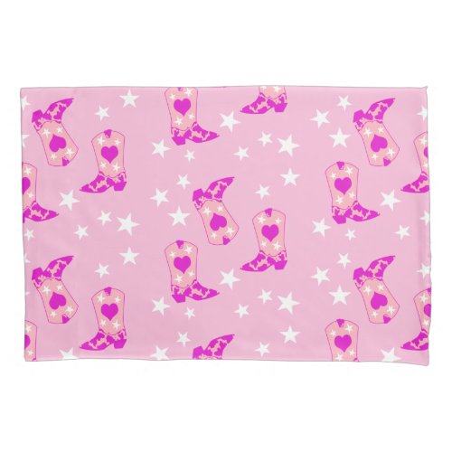 Modern Girly Pink Cowgirl Western Boots Stars Pink Pillow Case