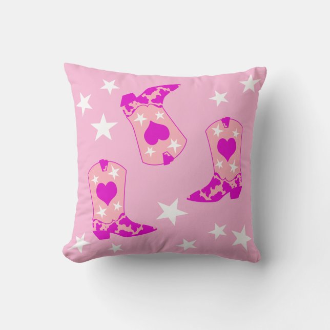Modern Girly Pink Cowgirl Western Boots Stars Pink Throw Pillow (Front)