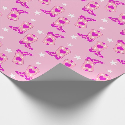 Modern Girly Pink Cowgirl Western Boots Stars Wrapping Paper