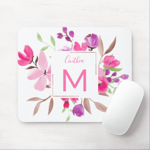 Modern girly pink floral watercolor monogrammed mouse pad
