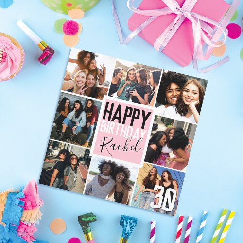 Modern Girly Pink Friends Photo Collage Birthday Card