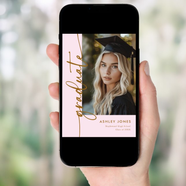 Modern Girly Pink & Gold 4 Photo Graduation Party Invitation (Front Digital)