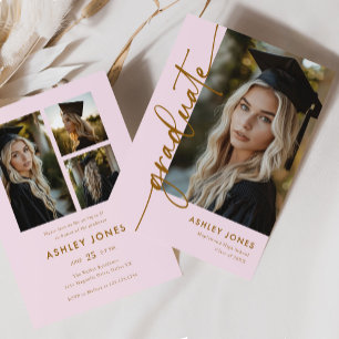 Modern Girly Pink & Gold 4 Photo Graduation Party Invitation