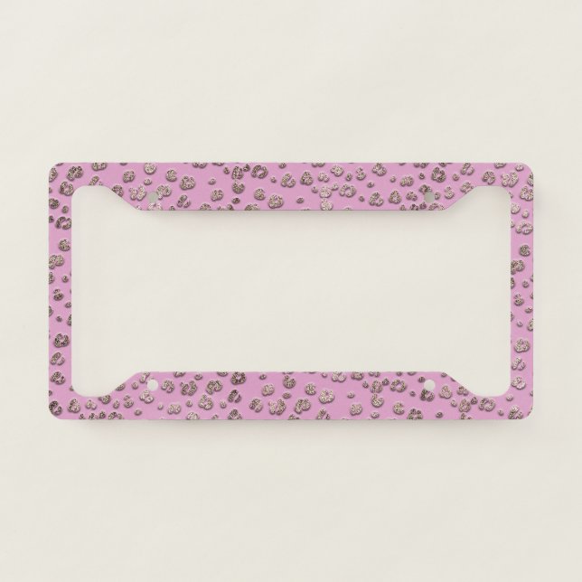 Modern Girly Pink & Gold Glitter Leopard  License Plate Frame (Front)