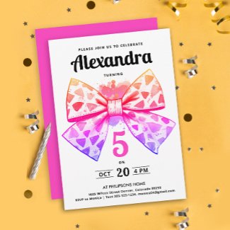 Modern Girly Pink Gradient Bow Watercolor Birthday
