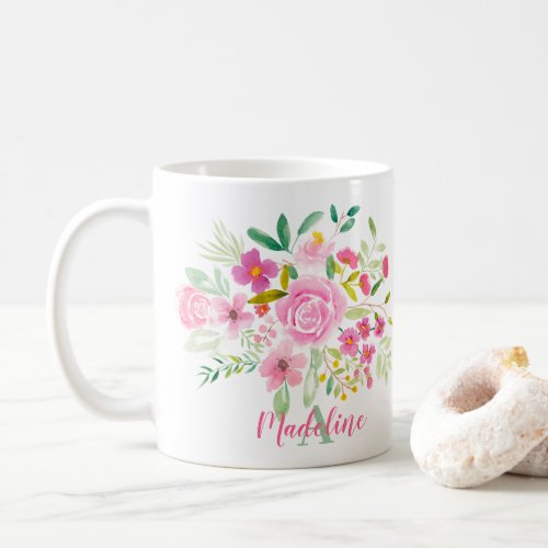 Modern girly pink green floral watercolor monogram coffee mug