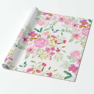 Modern girly pink green floral watercolor pattern wrapping paper