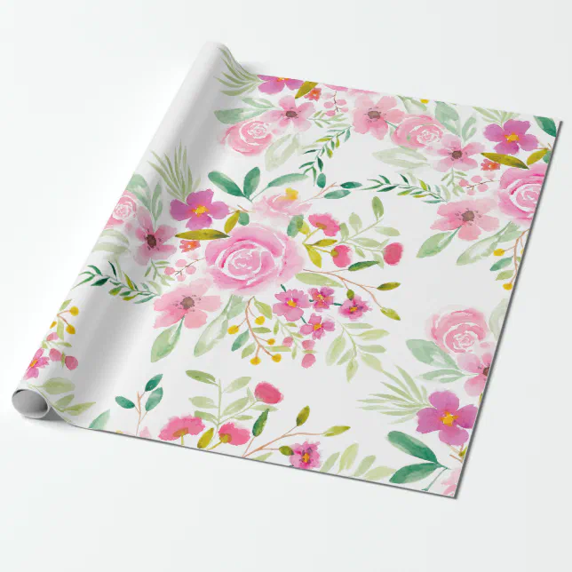 Modern girly pink green floral watercolor pattern wrapping paper | Zazzle