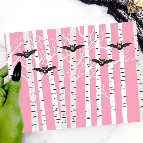 Modern Girly Pink Halloween Bats Birch Forest Postcard