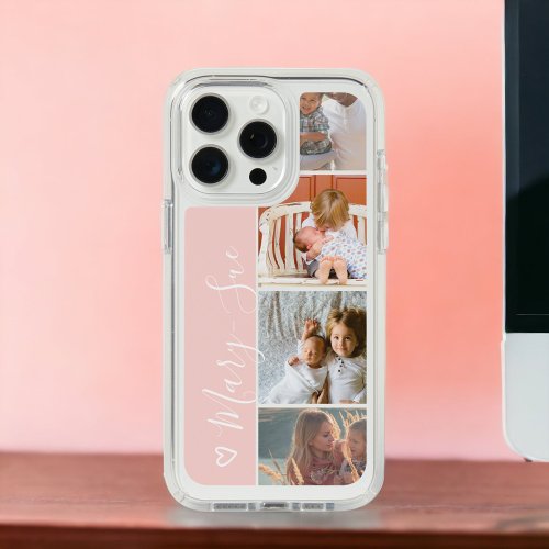 Modern girly pink heart name 4 photos collage grid iPhone 15 pro max case